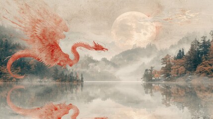 Red dragon on the lake at night with full moon. Digital painting.