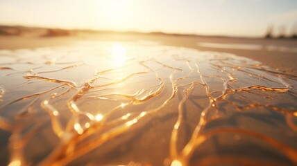 Sunlight filtering through translucent Hokkaido seaweed, casting a mesmerizing pattern on the wet sand -Generative Ai - obrazy, fototapety, plakaty