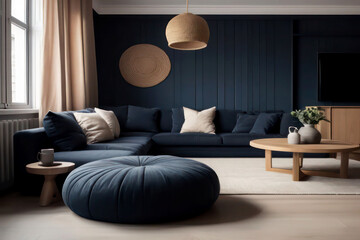 Modern Living Room: Dark Blue Sofa and Knitted Poufs in Scandinavian Interior Design