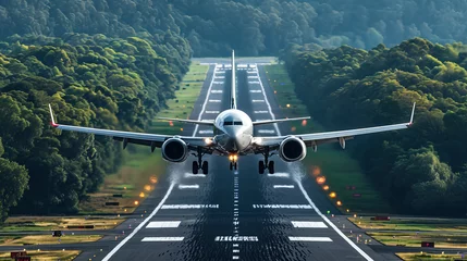 Fotobehang Takeoff and landing of an airplane that captures and mesmerizes the spirit with a beautiful background at speed © Shunia