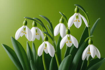 Obraz premium Blooming snowdrops on a green background. White spring flowers.