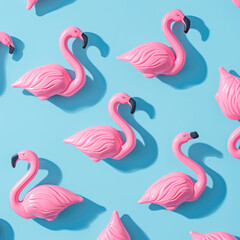 
Trendy sunlight Summer pattern made with pink flamingo toy on bright light blue background. Minimal summer concept, dynamic shot angle, stock photo