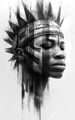 Face of a beautiful African American woman with indian headdress. - obrazy, fototapety, plakaty