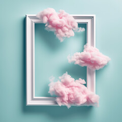 White vintage frame on pastel blue background with abstract pink cloud shapes. Minimal border composition, dynamic shot angle, stock photo