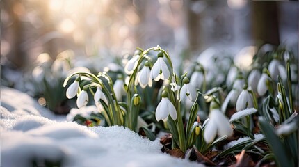 White snowdrops break through snow at dawn with soft light. Generative AI