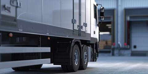 A semi truck parked in a warehouse area. Can be used to depict transportation, logistics, or industrial settings