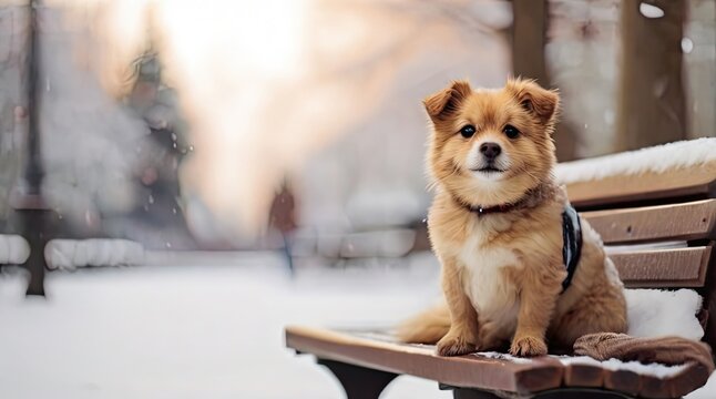Cute Dog Sitting on Snowy Bench in Winter Park. Generative AI