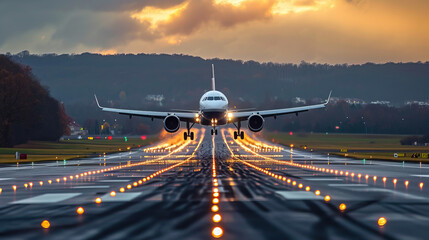 Takeoff and landing of an airplane that captures and mesmerizes the spirit with a beautiful background at speed - obrazy, fototapety, plakaty