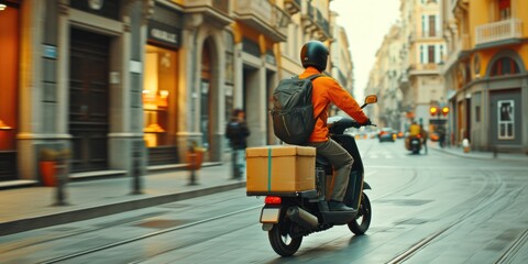 A man is riding a scooter down a city street. This image can be used to depict urban transportation or a leisurely ride through the city