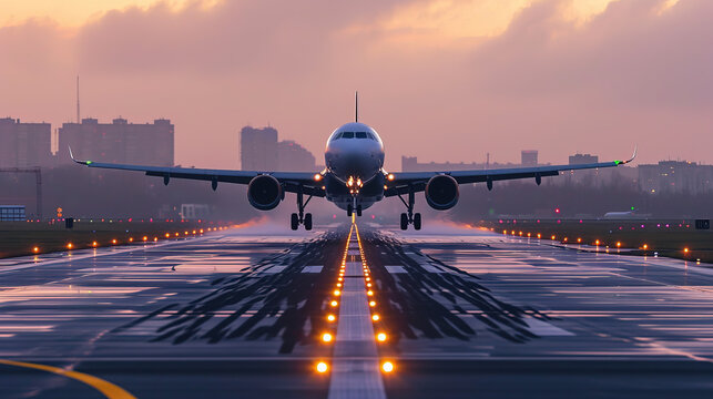 Takeoff and landing of an airplane that captures and mesmerizes the spirit with a beautiful background at speed