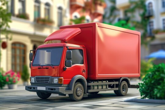 A red truck is seen driving down a street next to a building. This image can be used to depict urban transportation or delivery services