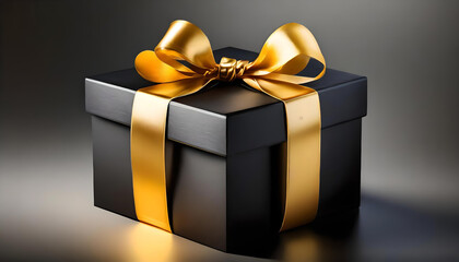3d black gift box with gold wrapping ribbon, gift box with ribbon present package.