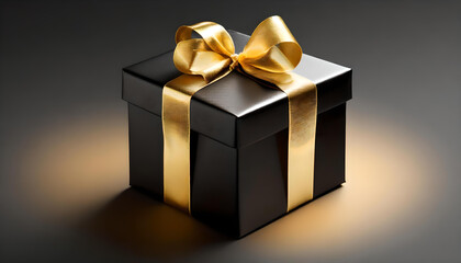 3d black gift box with gold wrapping ribbon, gift box with ribbon present package.