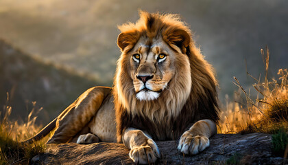 A close up of a lion lying on the ground with its front paws on the ground.
