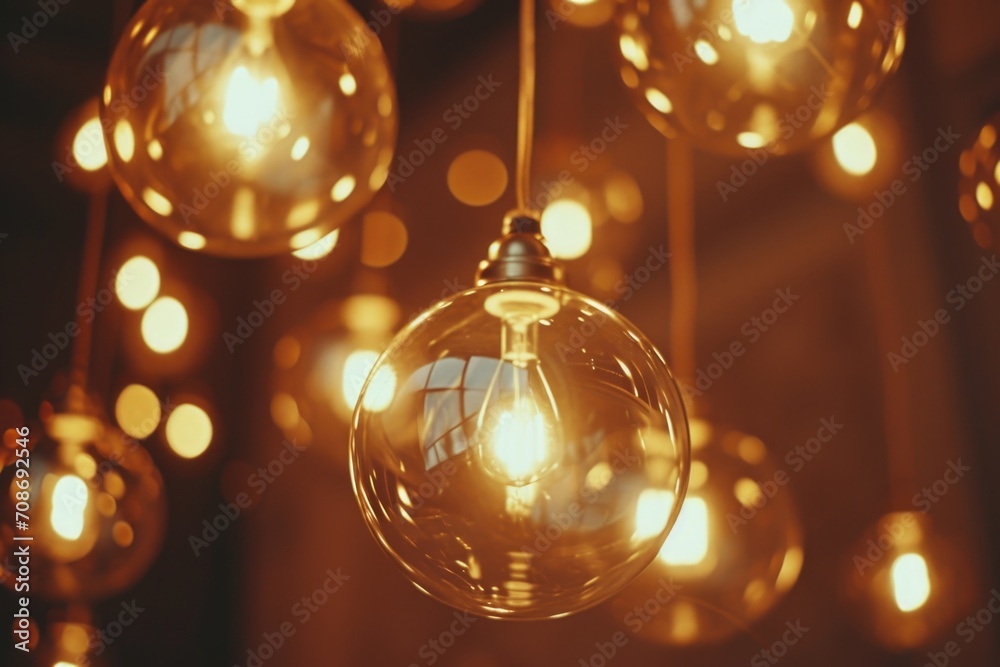 Poster A cluster of light bulbs hanging from a ceiling, creating a modern and stylish lighting fixture. Perfect for adding a unique touch to any room or interior design project