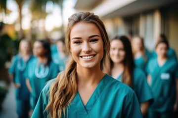 Confident female healthcare professional in scrubs smiling at the camera with colleagues in the background - obrazy, fototapety, plakaty