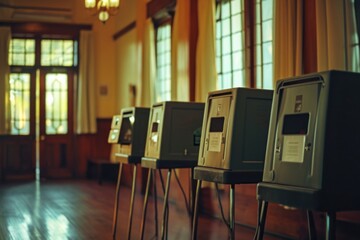 A row of voting booths lined up in a room. Ideal for illustrating the voting process and democratic elections - obrazy, fototapety, plakaty