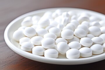 Fototapeta na wymiar White round pills on a white plate