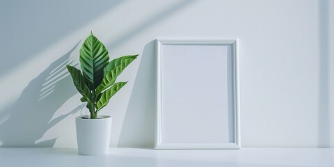 A plant in a pot is placed next to a picture frame. Ideal for home decor or interior design themes