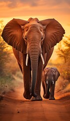 African Elephant Family Walking in the Sunset