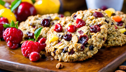 Healthy breakfast. Oatmeal cookies with fresh berries and jam on wooden background