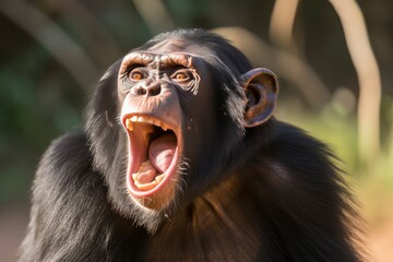 A close-up image capturing an expressive young chimpanzee mid-vocalization with its mouth wide open, in a natural environment with sunlight filtering through