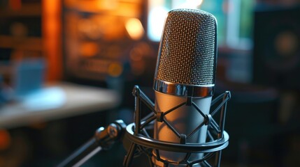 A close-up shot of a microphone with a blurred background. This image can be used for various purposes, such as music events, podcasts, interviews, and presentations