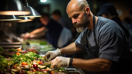 Obraz na płótnie Canvas Bald chef preparing salad in commercial kitchen