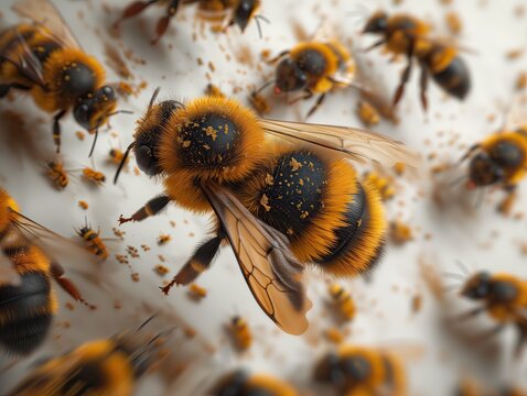 Plano donde se ven varias abejas con polvo de polen, fondo blanco. Explore the intricate ballet of bees amid fragrant rosemary, a culinary delight