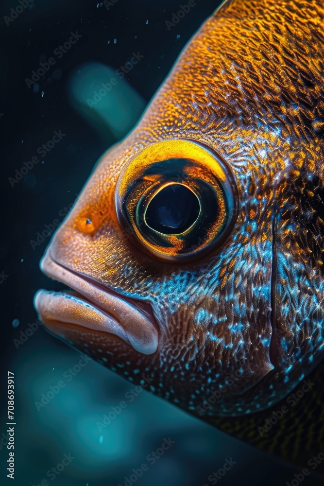 Poster a close up view of a fish's eye on a dark background. perfect for aquatic-themed projects and nature