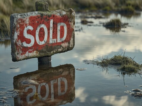 Lago escaso de agua, con el cartel de vendido. Sold. La privatizaci&oacute;n de lagos agudiza la crisis de agua, limitando el acceso a este recurso vital. Urge proteger nuestros recursos.