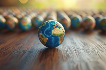 Group of small earth globes on a wooden surface. Can be used for educational or travel-related projects - obrazy, fototapety, plakaty