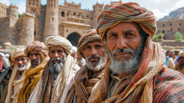 Unidentified arab people in the street of Taiz, Yemen in National Day February 11.