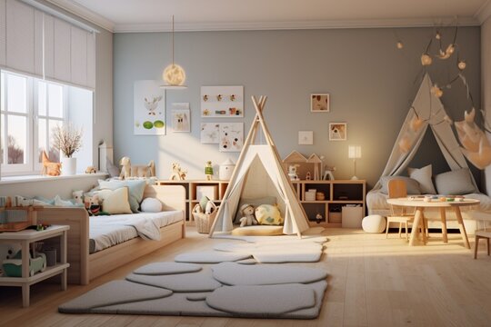 Nursery room interiors in Scandinavian style.