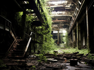An eerie, decaying factory overrun with vegetation and a feeling of abandonment.