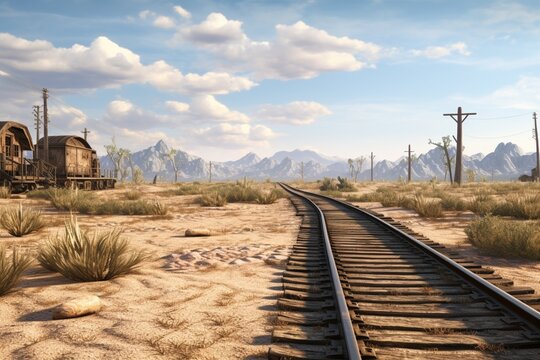 Old Western train tracks stretch across the landscape.