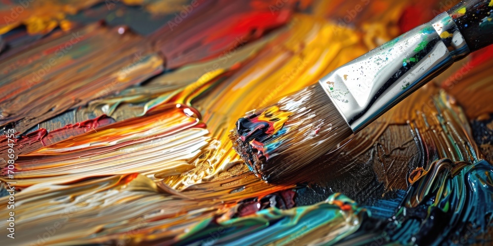 Poster A detailed view of a paint brush resting on a palette, ready for use in creating art. This image can be used to depict artistic creativity, painting, or the process of mixing colors