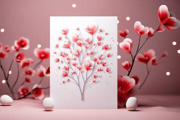 Valentine's Day greeting card mockup with hearts, flowers and blank frame for your words of love