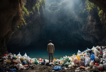 Un gouffre naturel avec des déchets de poubelle plastique au sol - generative AI - obrazy, fototapety, plakaty