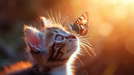 Cute little kitten playing with a butterfly in the sunset light