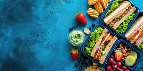 A lunch box filled with a variety of sandwiches and fresh fruit. Perfect for a delicious and healthy meal on the go - obrazy, fototapety, plakaty