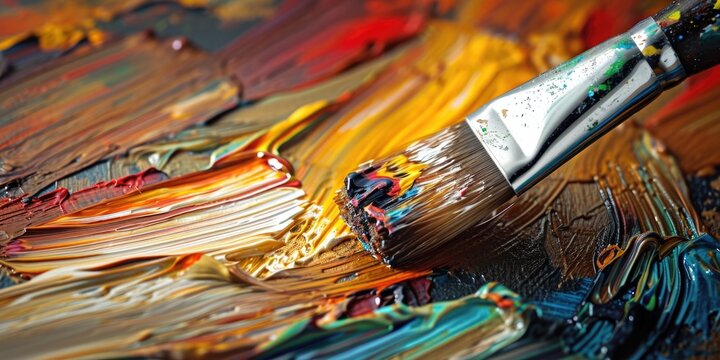 A detailed view of a paint brush resting on a palette, ready for use in creating art. This image can be used to depict artistic creativity, painting, or the process of mixing colors