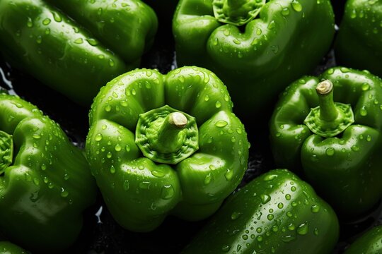 Green capcicum in steel Bowl with water close up top view image. Green bell peppers on the field. Isolated bell peppers on the filed.