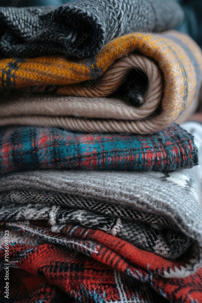 Poster a pile of blankets neatly stacked on top of each other. versatile and cozy, perfect for a variety of