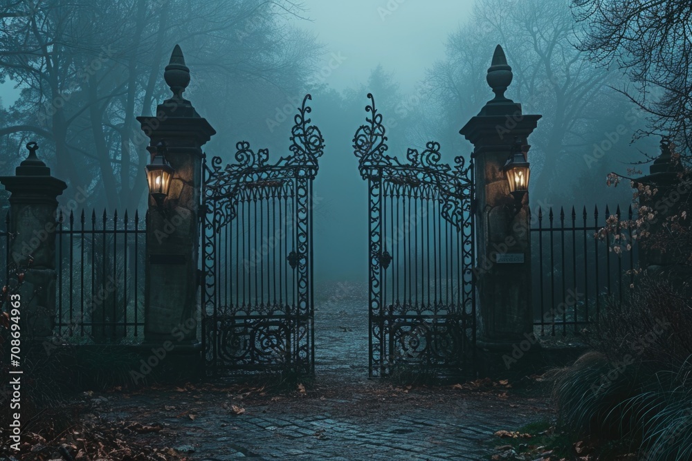 Poster a picture of a gate with a light shining through at the end. can be used to symbolize hope, opportun