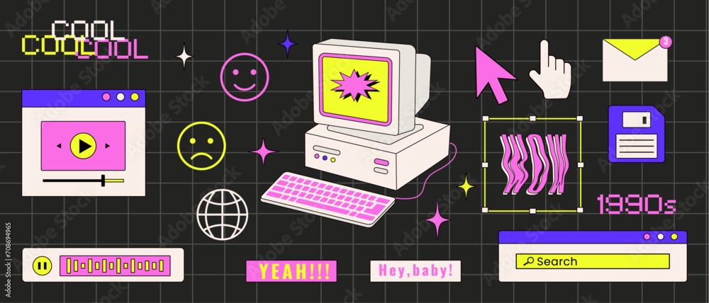 Fototapete Old computer aestethic. Retro pc elements, user interfac. Y2K style. Isolated dark background