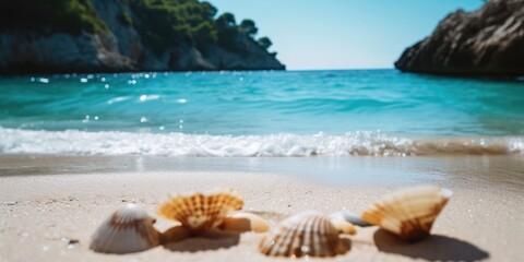 Fototapeta na wymiar Three seashells on a sandy beach near the ocean. Perfect for beach-themed designs and coastal concepts
