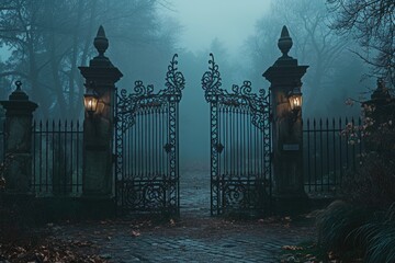 A picture of a gate with a light shining through at the end. Can be used to symbolize hope,...