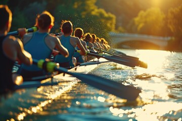 A group of people rowing on a river. Suitable for sports, outdoor activities, and team building concepts