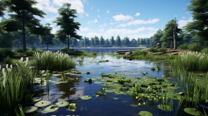 Tranquil lake fed by a gentle waterfall, reflecting the serene beauty of the surrounding landscape -Generative Ai